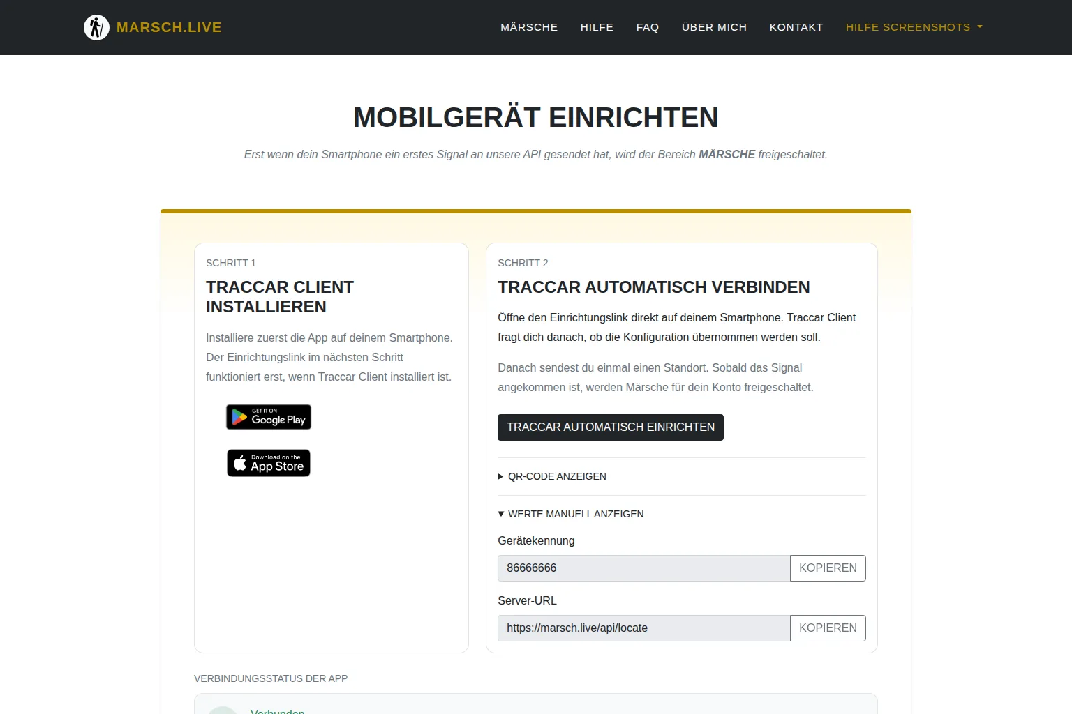 Screenshot der Seite Mobilgerät einrichten mit Gerätekennung, Tracking-Status und App-Presets