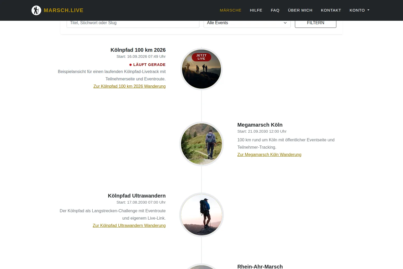 Screenshot der Event-Übersicht mit Suche und Statusfiltern auf marsch.live