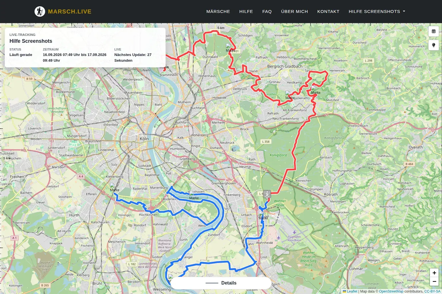 Screenshot einer Teilnehmeransicht mit Basisroute, Live-Track und Steuerung der Teilnehmerseite